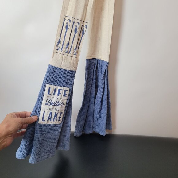 Life Is Better At The Lake Blue & Cream Cotton & Linen Kitchen Towel By DEMDACO - Picture 4 of 8